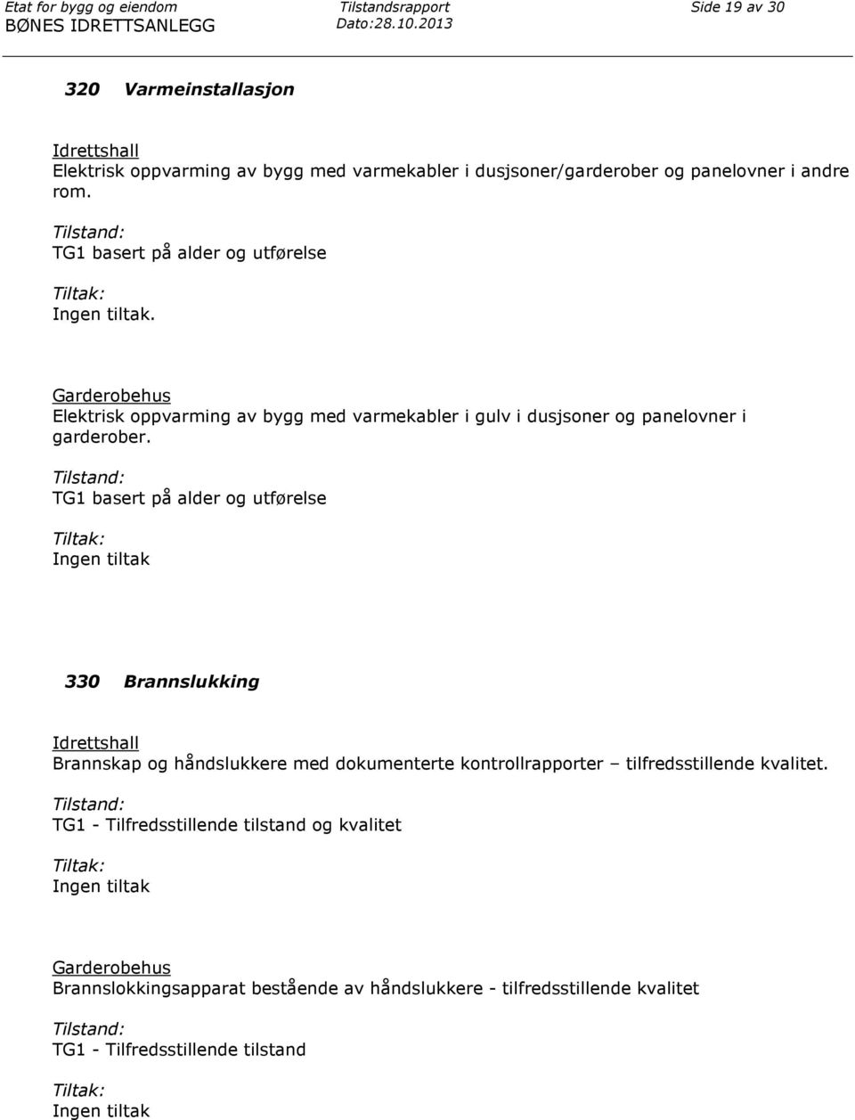 Tilstand: TG1 basert på alder og utførelse Tiltak: Ingen tiltak. Garderobehus Elektrisk oppvarming av bygg med varmekabler i gulv i dusjsoner og panelovner i garderober.