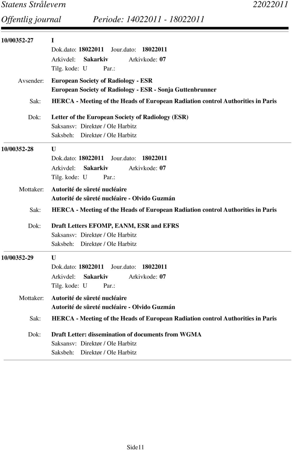 control Authorities in Paris Letter of the European Society of Radiology (ESR) Saksansv: Direktør / Ole Harbitz Saksbeh: Direktør / Ole Harbitz 10/00352-28 U Dok.dato: 18022011 Jour.