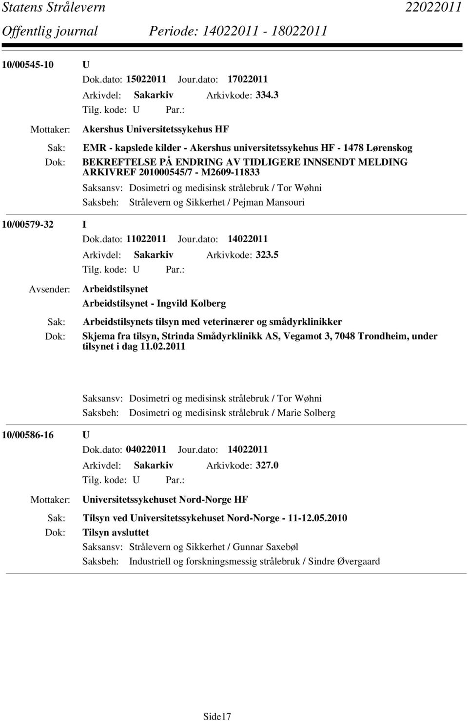 Saksansv: Dosimetri og medisinsk strålebruk / Tor Wøhni 10/00579-32 I Dok.dato: 11022011 Jour.dato: 14022011 Arkivdel: Sakarkiv Arkivkode: 323.