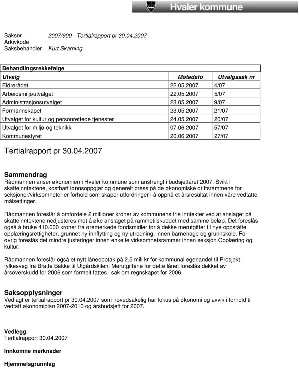 04.2007 Sammendrag Rådmannen anser økonomien i Hvaler kommune som anstrengt i budsjettåret 2007.