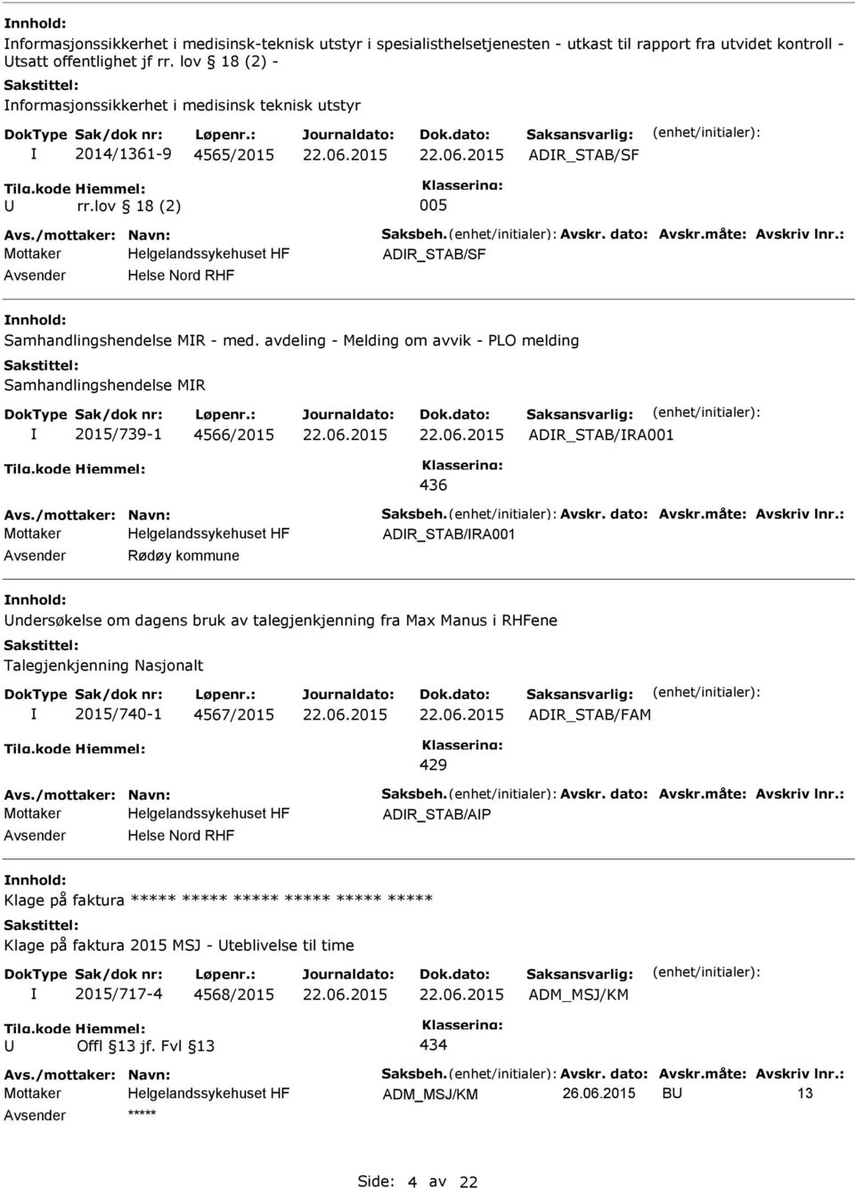 : ADR_STAB/SF Helse Nord RHF Samhandlingshendelse MR - med. avdeling - Melding om avvik - PLO melding Samhandlingshendelse MR 2015/739-1 4566/2015 ADR_STAB/RA001 436 Avs./mottaker: Navn: Saksbeh.