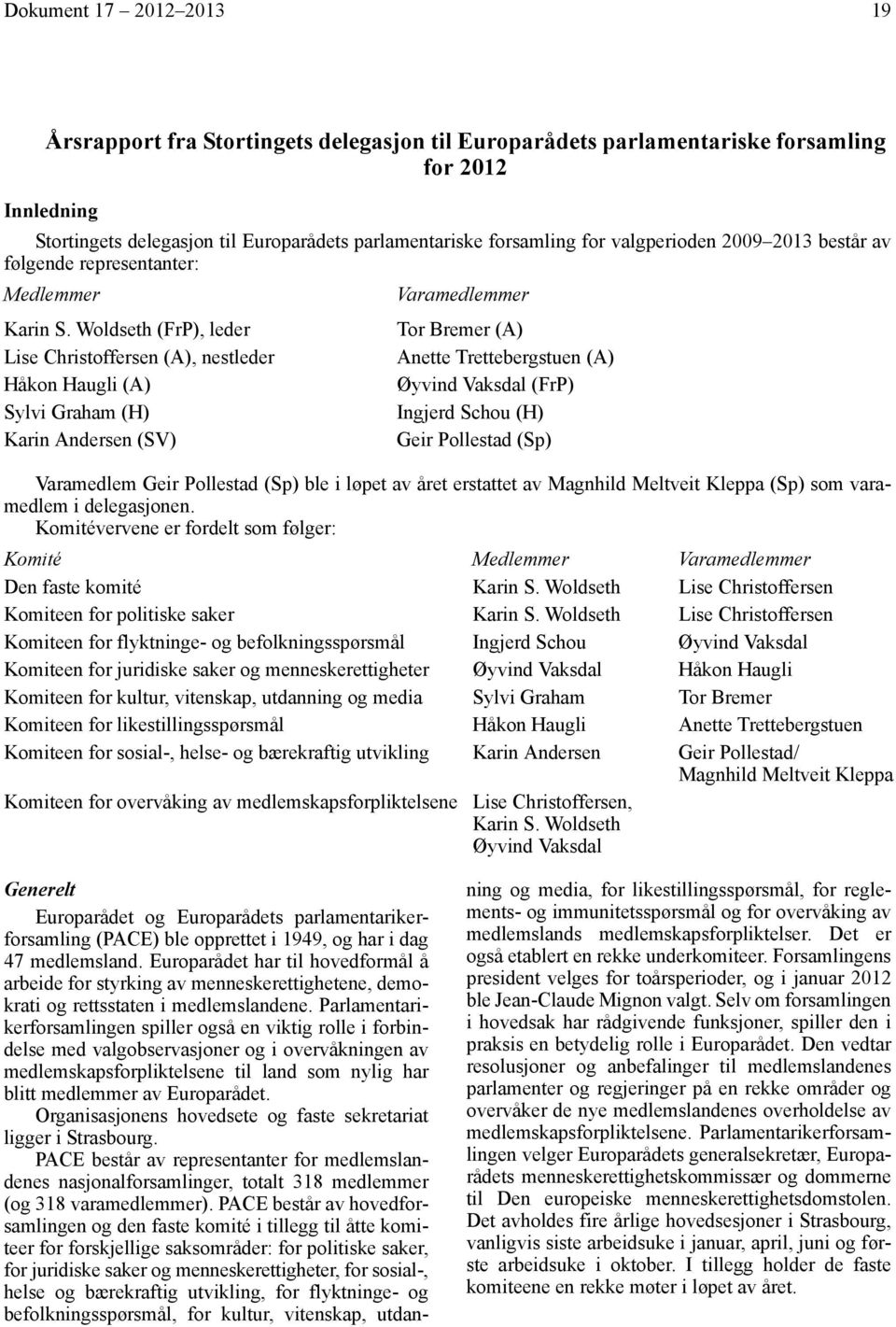 Woldseth (FrP), leder Lise Christoffersen (A), nestleder Håkon Haugli (A) Sylvi Graham (H) Karin Andersen (SV) Varamedlemmer Tor Bremer (A) Anette Trettebergstuen (A) Øyvind Vaksdal (FrP) Ingjerd