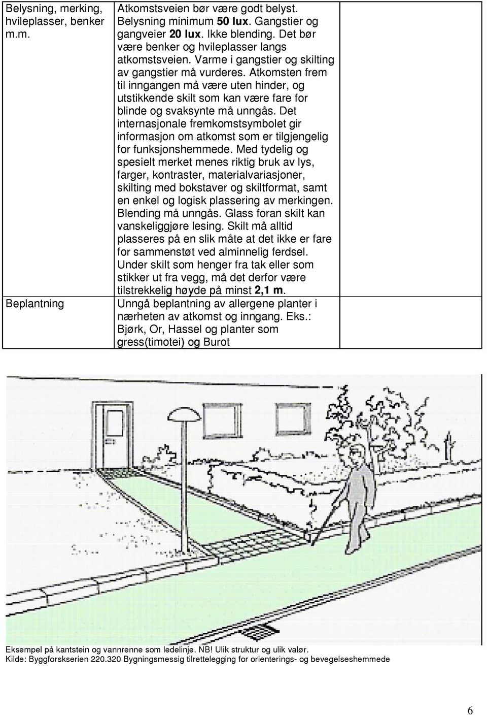 Atkomsten frem til inngangen må være uten hinder, og utstikkende skilt som kan være fare for blinde og svaksynte må unngås.