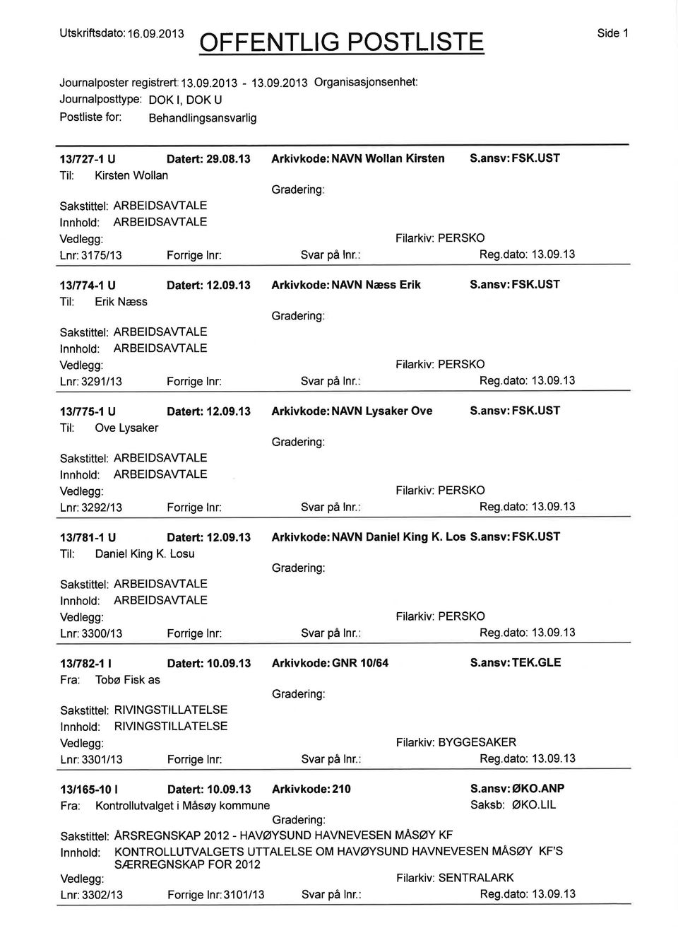 13 Arkivkode: NAVN Næss Erik Gradering Svar på lnr. S.ansv: FSK.UST 131775-1 U Til: Ove Lysaker Datert: 12.09.13 Arkivkode: NAVN Lysaker Ove S.ansv: FSK.UST lnr:3292113 Forrige lnr: Svar på lnr.
