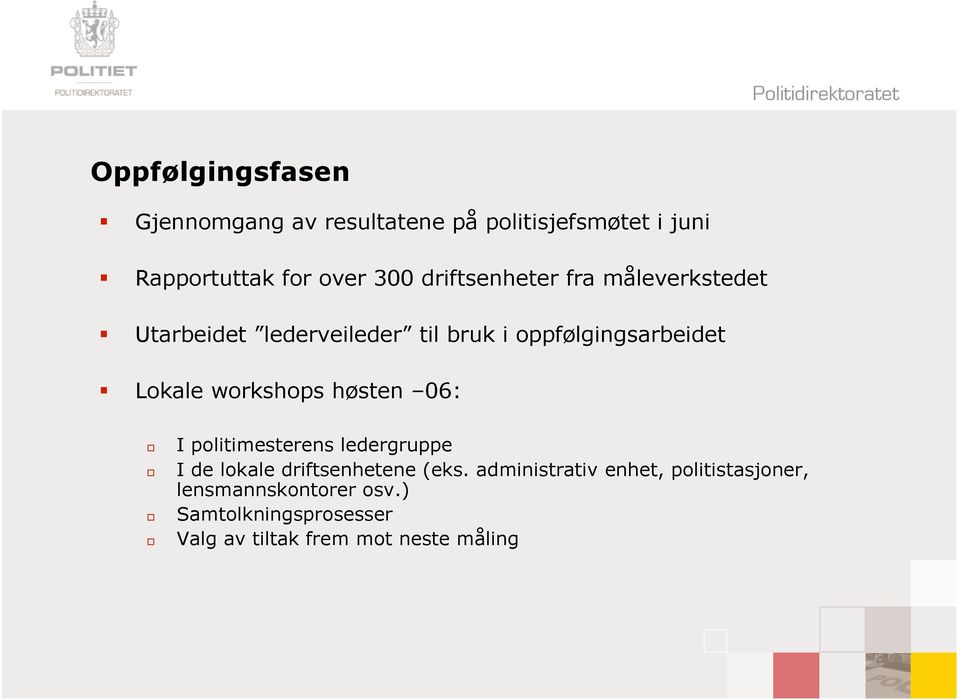 workshops høsten 06: I politimesterens ledergruppe I de lokale driftsenhetene (eks.