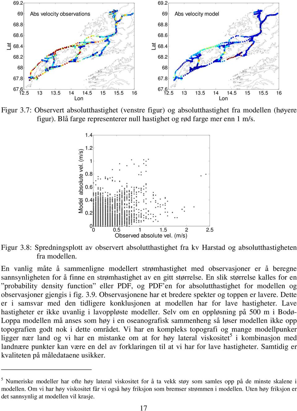 2 1 0.8 0.6 0.4 0.2 0 0 0.5 1 1.5 2 2.5 Observed absolute vel. (m/s) Figur 3.8: Spredningsplott av observert absolutthastighet fra kv Harstad og absolutthastigheten fra modellen.