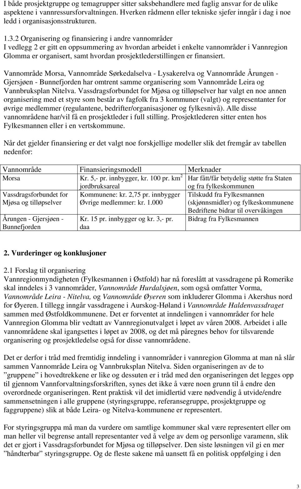 2 Organisering og finansiering i andre vannområder I vedlegg 2 er gitt en oppsummering av hvordan arbeidet i enkelte vannområder i Vannregion Glomma er organisert, samt hvordan