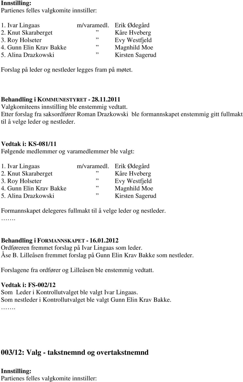 Etter forslag fra saksordfører Roman Drazkowski ble formannskapet enstemmig gitt fullmakt til å velge leder og nestleder. Vedtak i: KS-081/11 Følgende medlemmer og varamedlemmer ble valgt: 1.