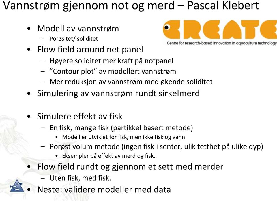 av fisk En fisk, mange fisk (partikkel basert metode) Modell er utviklet for fisk, men ikke fisk og vann Porøst volum metode (ingen fisk i senter, ulik