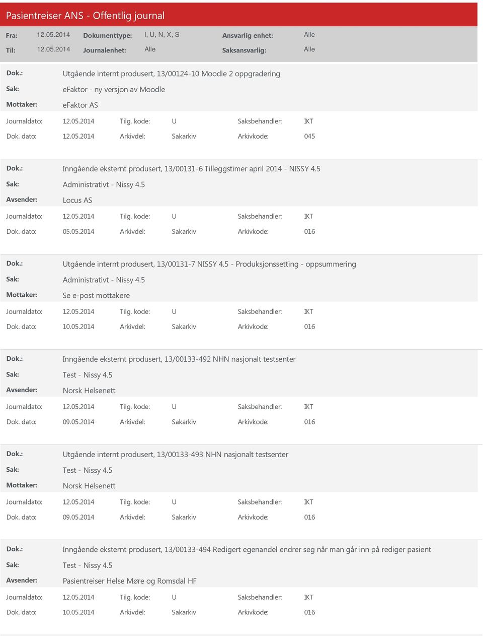 5 - Produksjonssetting - oppsummering Administrativt - Nissy 4.5 Se e-post mottakere Inngående eksternt produsert, 13/00133-492 NHN nasjonalt testsenter Dok. dato: 09.05.