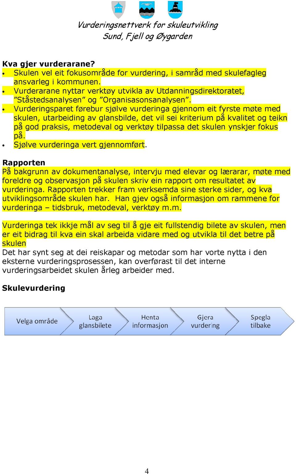 Vurderingsparet førebur sjølve vurderinga gjennom eit fyrste møte med skulen, utarbeiding av glansbilde, det vil sei kriterium på kvalitet og teikn på god praksis, metodeval og verktøy tilpassa det