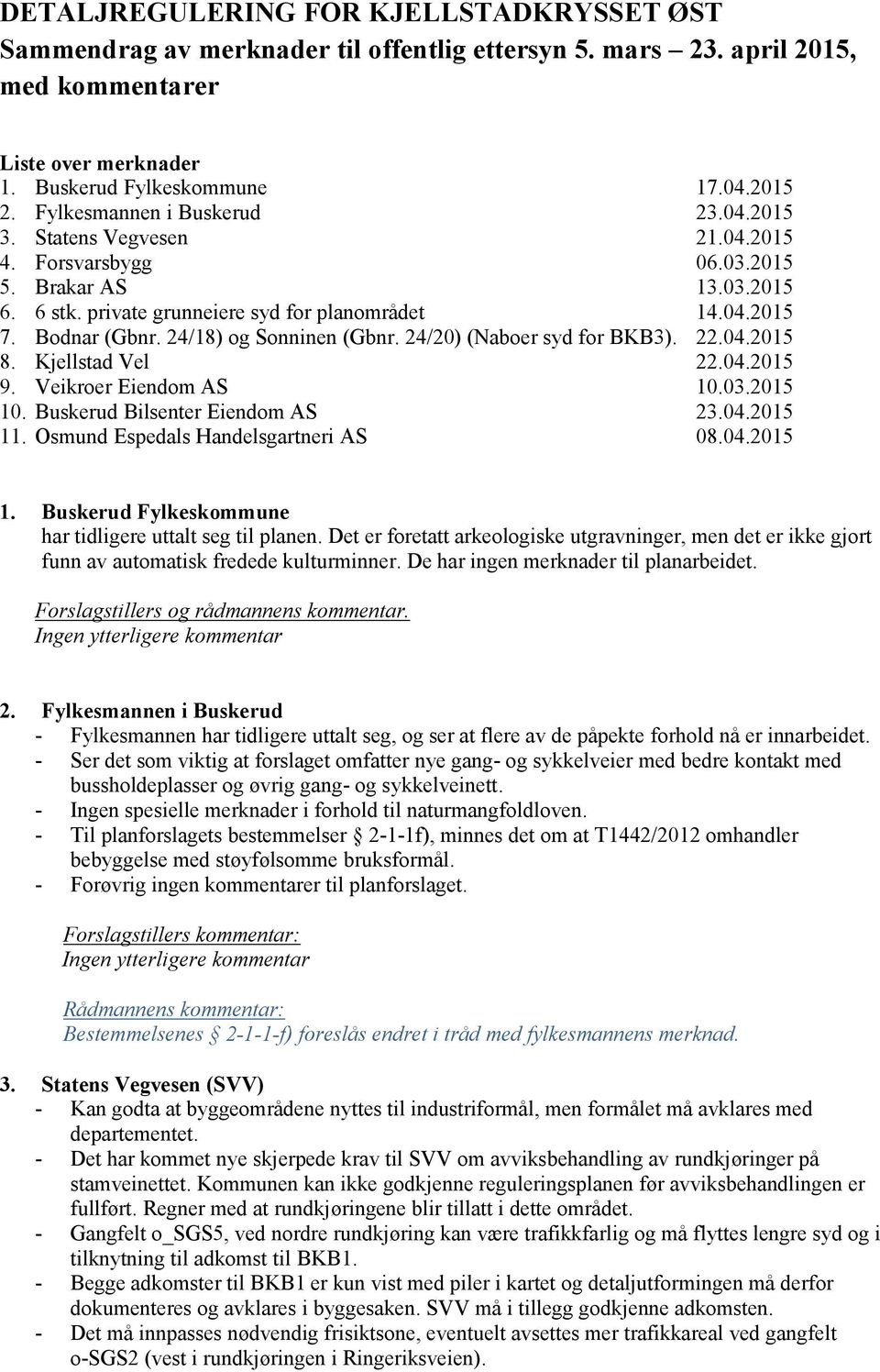 24/18) og Sonninen (Gbnr. 24/20) (Naboer syd for BKB3). 22.04.2015 8. Kjellstad Vel 22.04.2015 9. Veikroer Eiendom AS 10.03.2015 10. Buskerud Bilsenter Eiendom AS 23.04.2015 11.