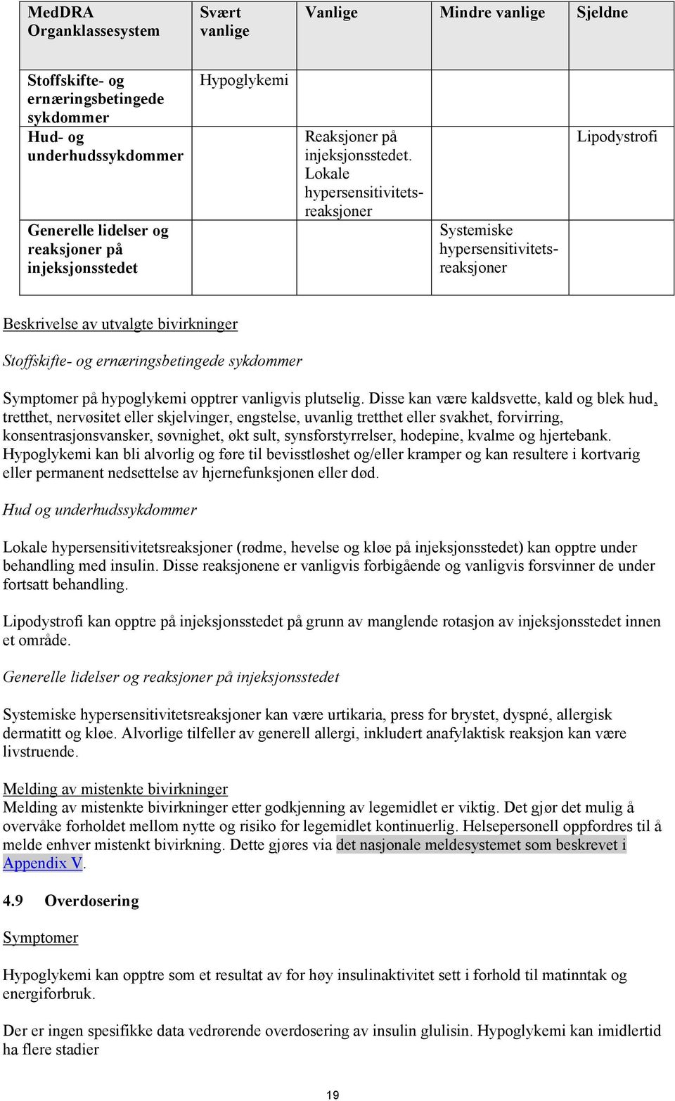 Lokale hypersensitivitetsreaksjoner Systemiske hypersensitivitetsreaksjoner Lipodystrofi Beskrivelse av utvalgte bivirkninger Stoffskifte- og ernæringsbetingede sykdommer Symptomer på hypoglykemi