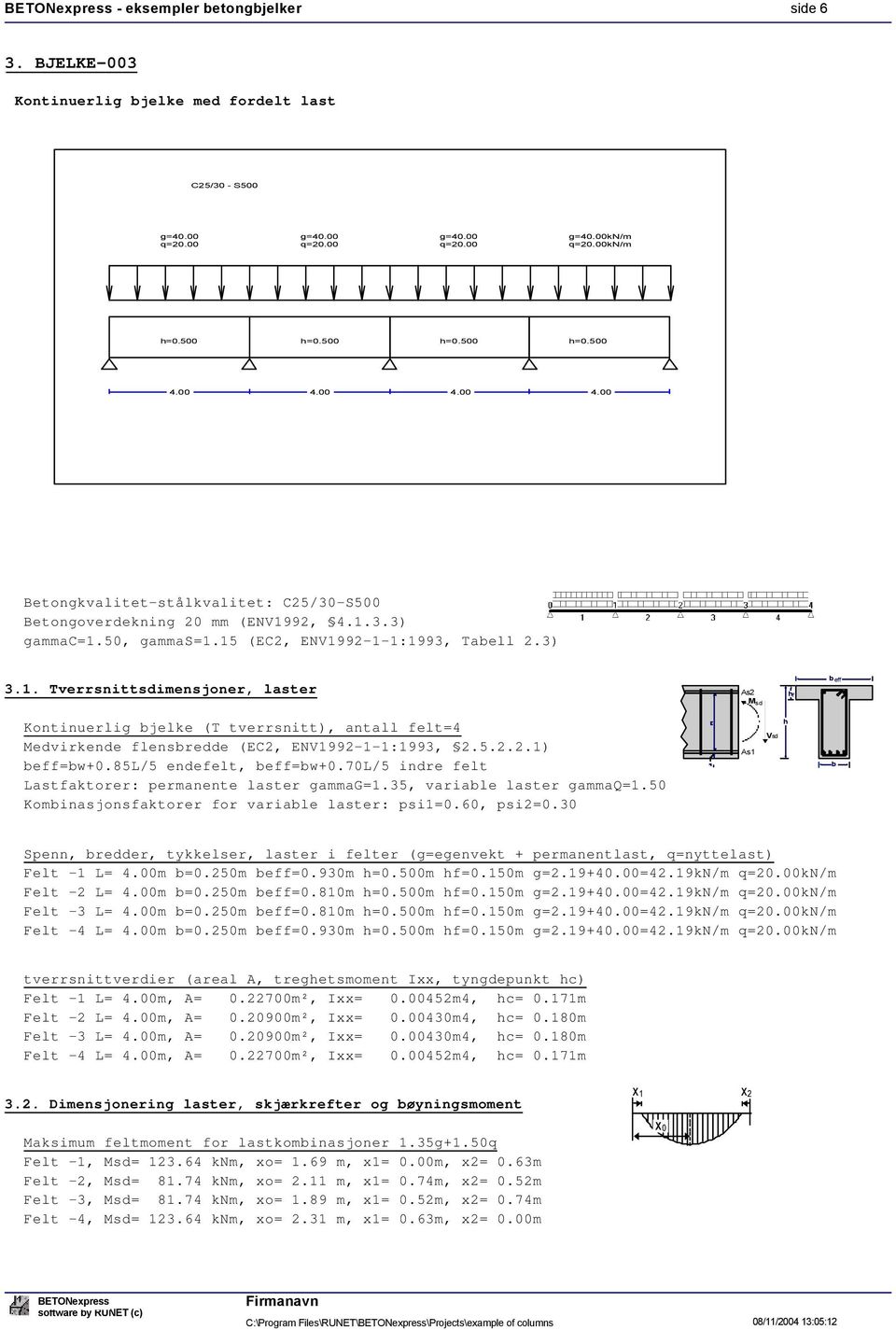 3.3) gammac=1.50, gammas=1.15 (EC2, ENV92-1-1:93, Tabell 2.3) 3.1. Tverrsnittsdimensjoner, laster As2 hf beff Msd Kontinuerlig bjelke (T tverrsnitt), antall felt=4 Medvirkende flensbredde (EC2, ENV92-1-1:93, 2.