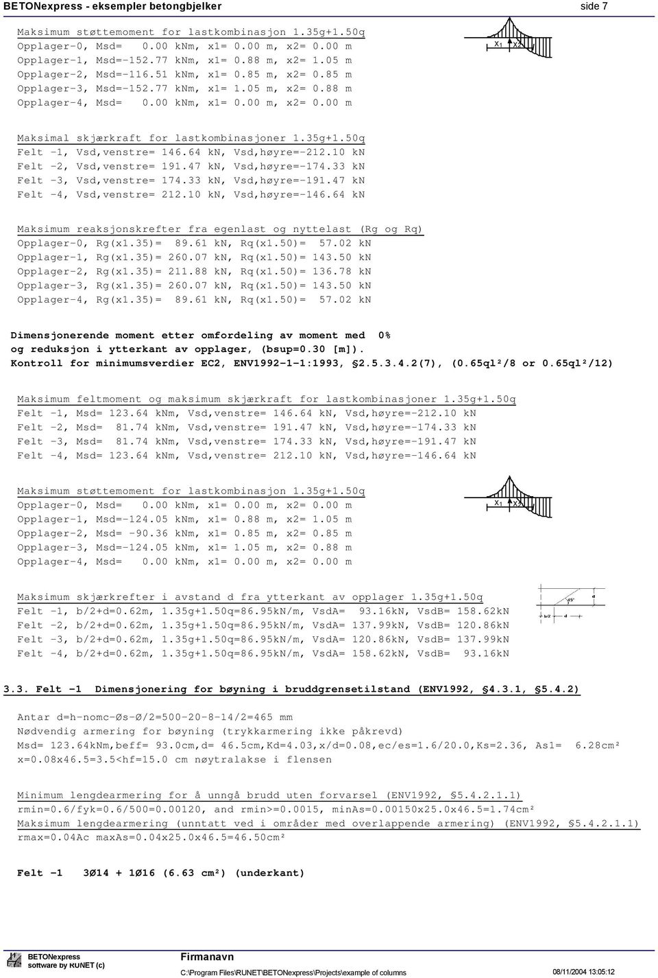 00 m X1 X2 Maksimal skjærkraft for lastkombinasjoner 1.35g+1.50q Felt -1, Vsd,venstre= 146.64 kn, Vsd,høyre=-212.10 kn Felt -2, Vsd,venstre= 1.47 kn, Vsd,høyre=-174.33 kn Felt -3, Vsd,venstre= 174.