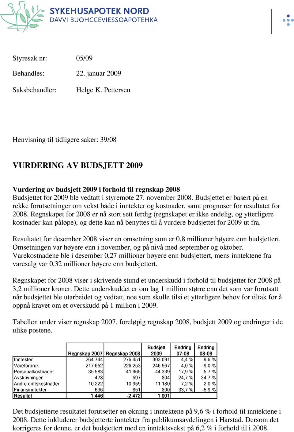 Budsjettet er basert på en rekke forutsetninger om vekst både i inntekter og kostnader, samt prognoser for resultatet for 2008.