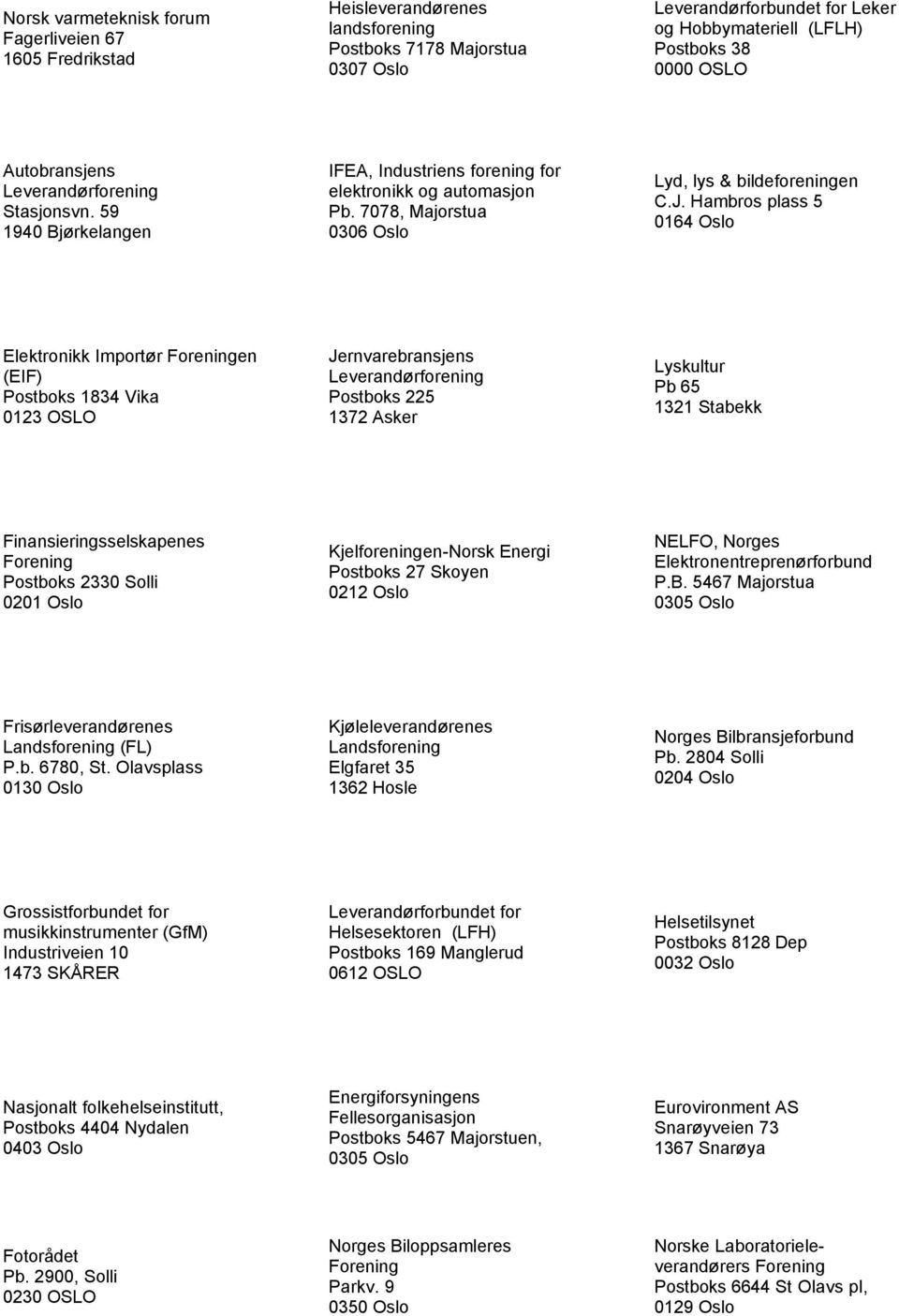 Hambros plass 5 0164 Oslo Elektronikk Importør Foreningen (EIF) Postboks 1834 Vika 0123 OSLO Jernvarebransjens Leverandørforening Postboks 225 1372 Asker Lyskultur Pb 65 1321 Stabekk