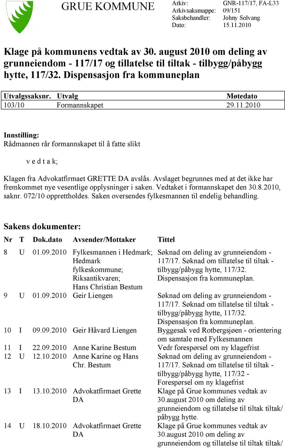 Avslaget begrunnes med at det ikke har fremkommet nye vesentlige opplysninger i saken. Vedtaket i formannskapet den 30.8.2010, saknr. 072/10 opprettholdes.