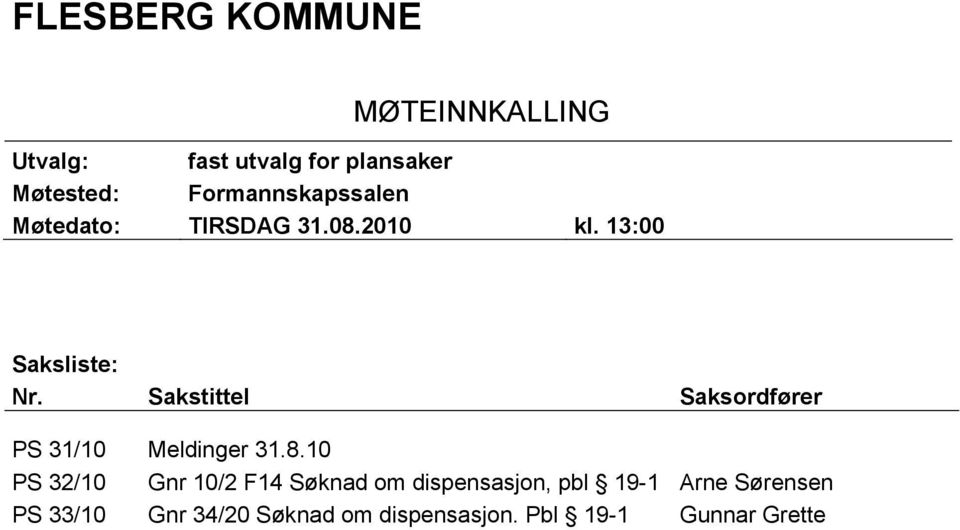 Sakstittel Saksordfører PS 31/10 Meldinger 31.8.