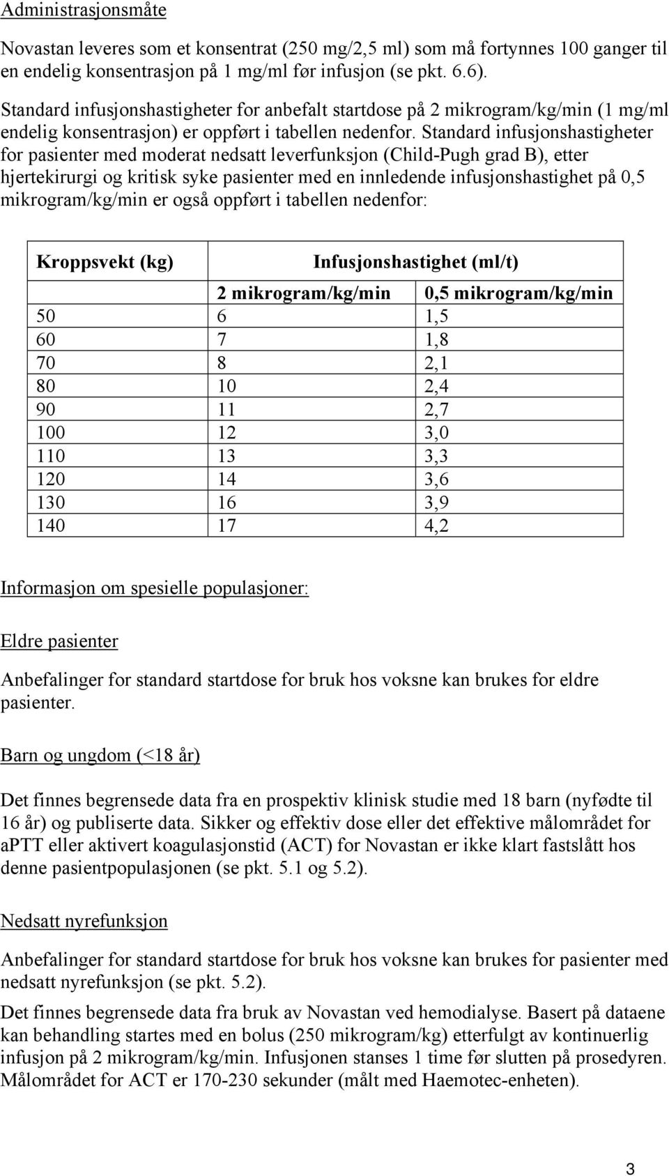 Standard infusjonshastigheter for pasienter med moderat nedsatt leverfunksjon (Child-Pugh grad B), etter hjertekirurgi og kritisk syke pasienter med en innledende infusjonshastighet på 0,5