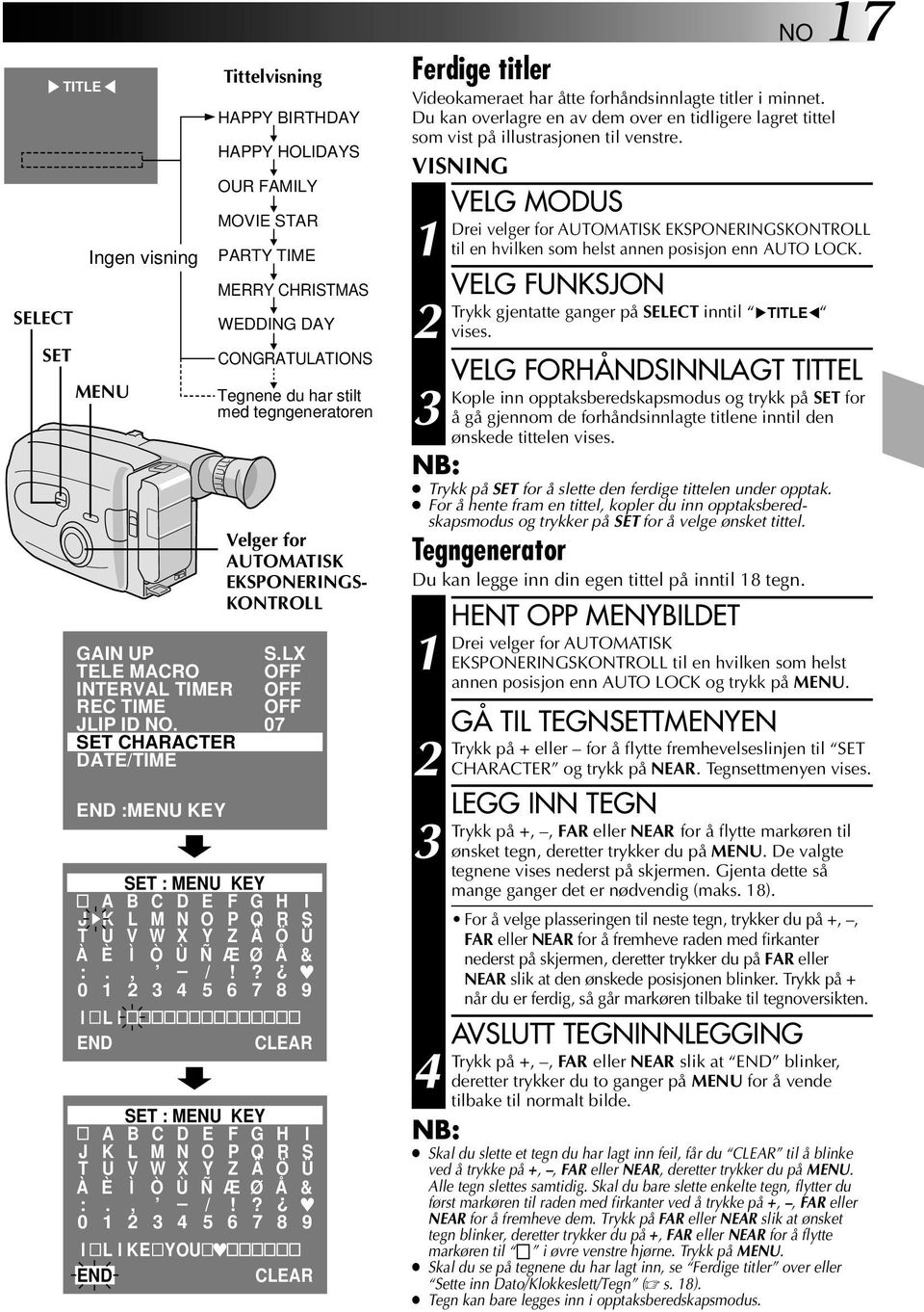 LX OFF OFF OFF 07 SET : MENU KEY A B C D E F G H I J K L M N O P Q R S T U V W X Y Z Ä Ö Ü À È Ì Ò Ù Ñ Æ Ø Å & :., /!