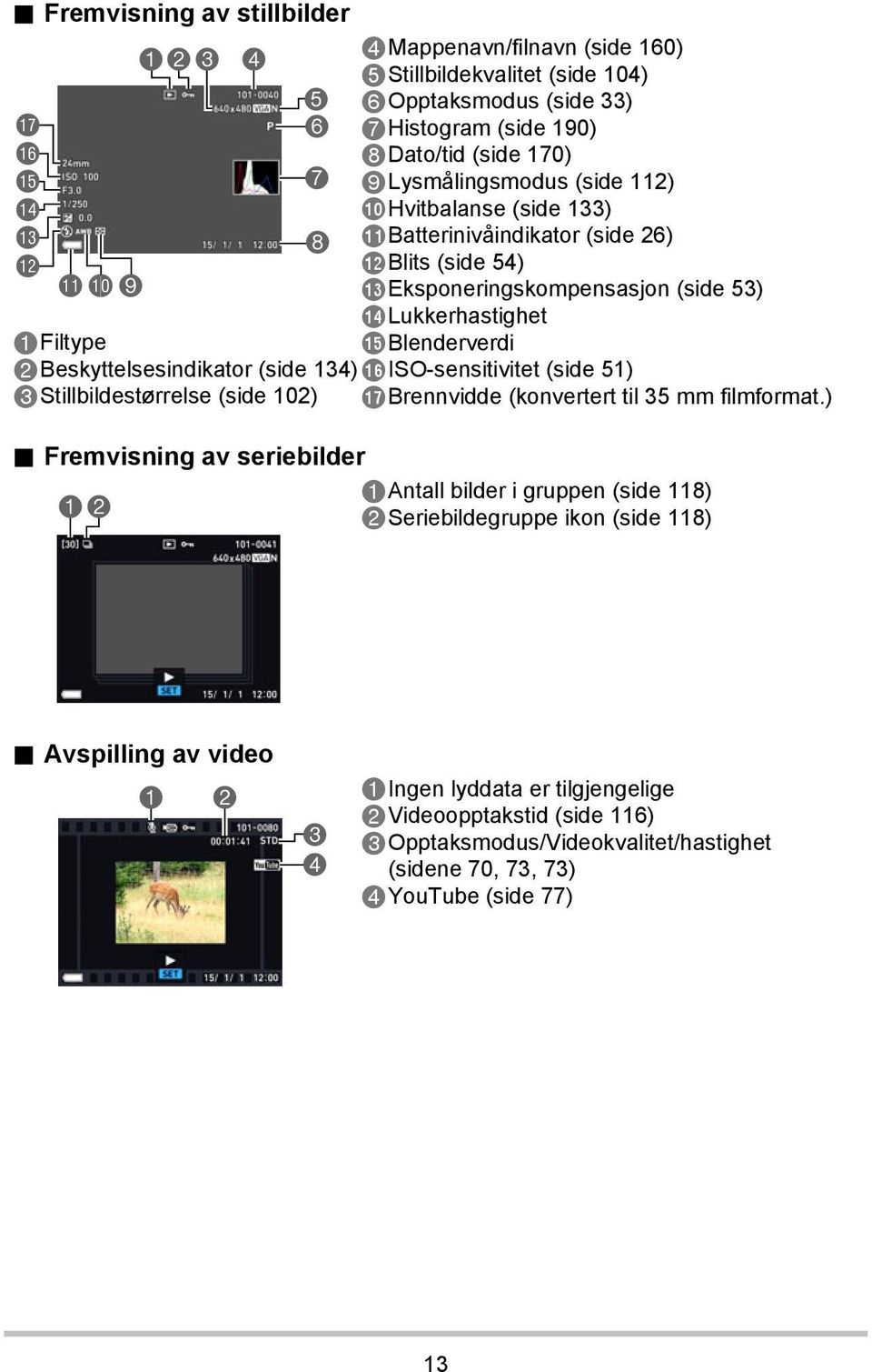 Hvitbalanse (side 133) Batterinivåindikator (side 26) Blits (side 54) Eksponeringskompensasjon (side 53) Lukkerhastighet Blenderverdi ISO-sensitivitet (side 51) Brennvidde (konvertert til