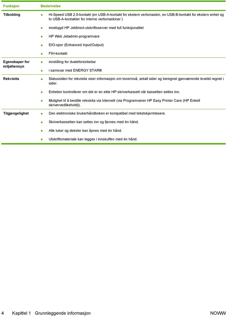 Jetdirect-utskriftsserver med full funksjonalitet HP Web Jetadmin-programvare EIO-spor (Enhanced Input/Output) FIH-kontakt innstilling for dvaleforsinkelse i samsvar med ENERGY STAR Rekvisita