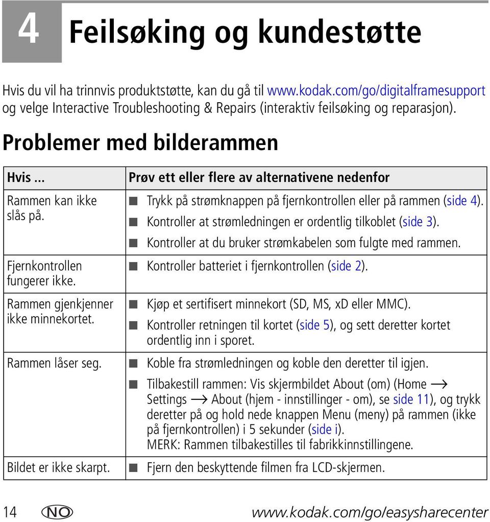 Fjernkontrollen fungerer ikke. Rammen gjenkjenner ikke minnekortet. Rammen låser seg. Bildet er ikke skarpt.