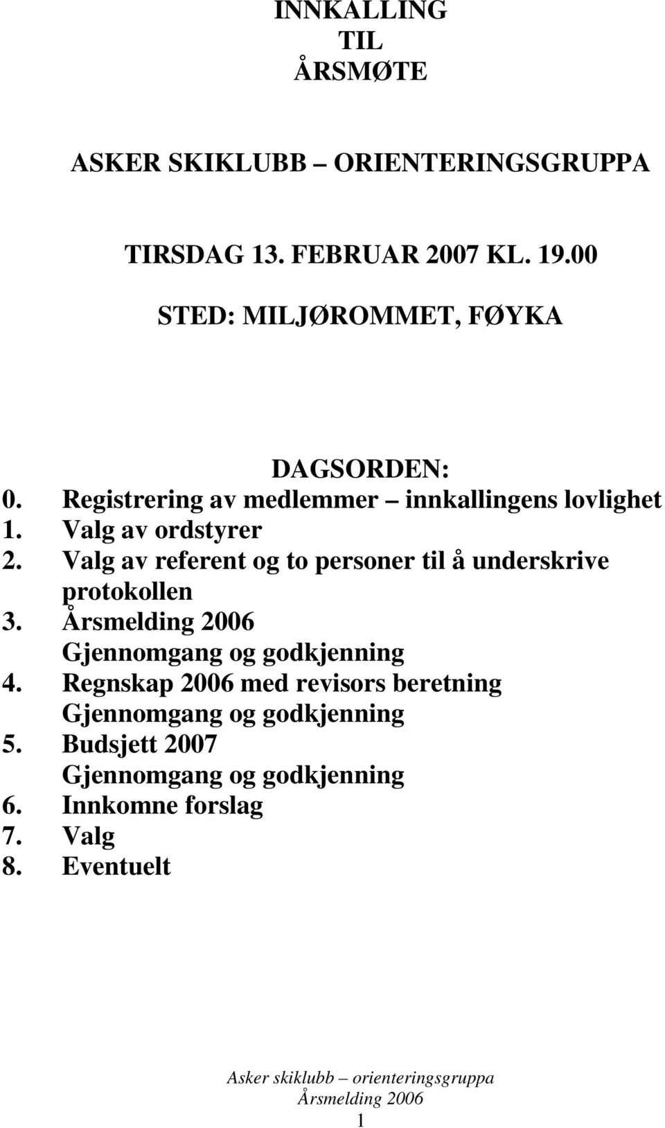 Valg av ordstyrer 2. Valg av referent og to personer til å underskrive protokollen 3.