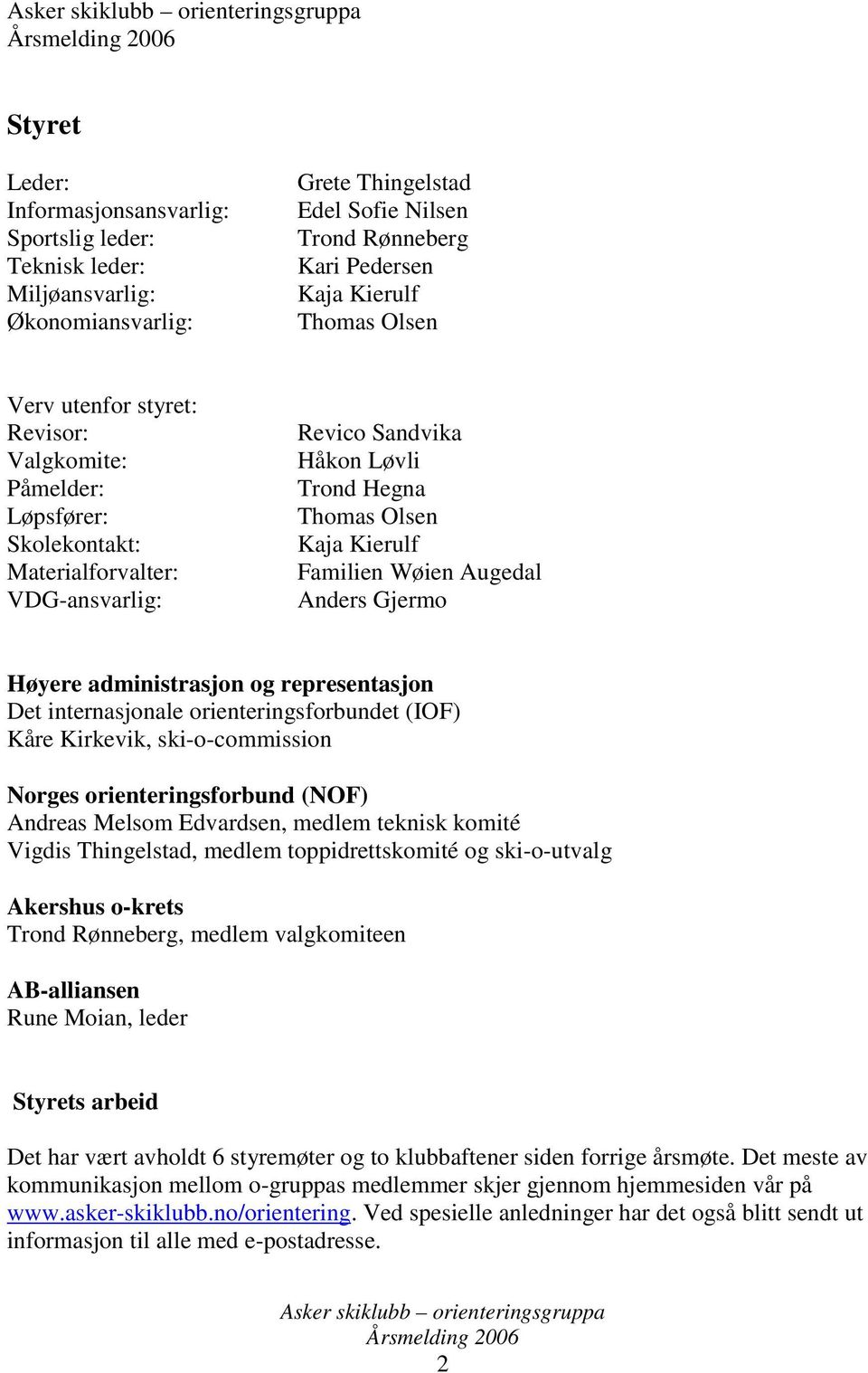 Anders Gjermo Høyere administrasjon og representasjon Det internasjonale orienteringsforbundet (IOF) Kåre Kirkevik, ski-o-commission Norges orienteringsforbund (NOF) Andreas Melsom Edvardsen, medlem