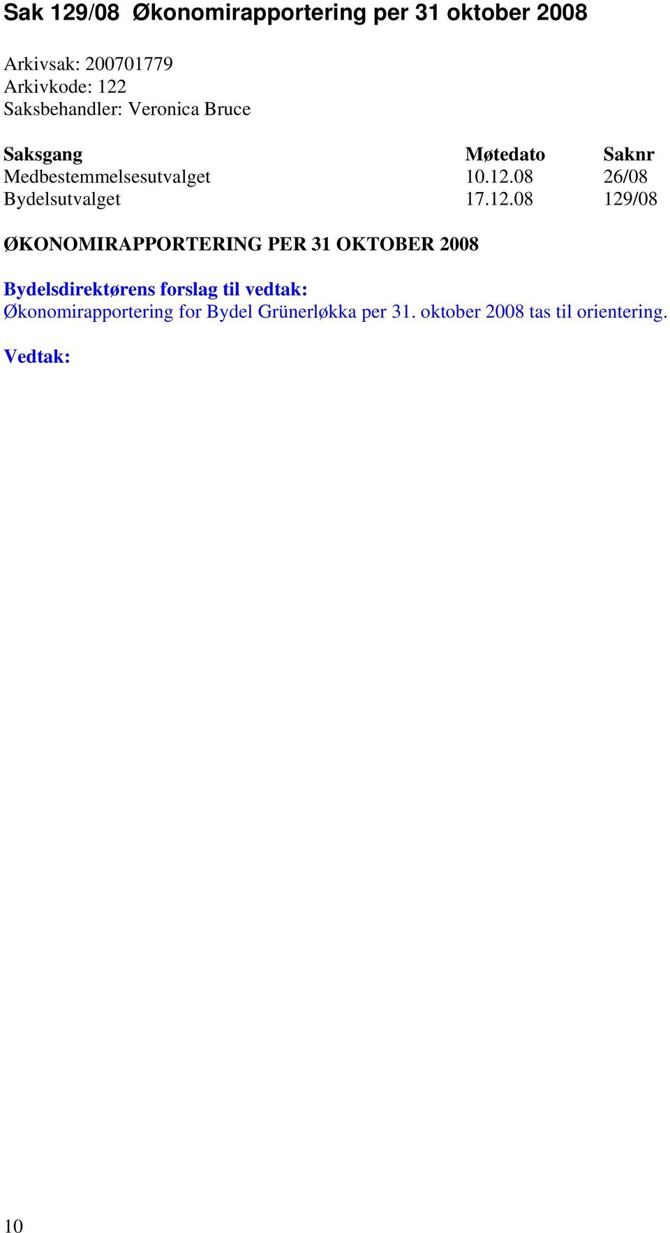 12.08 129/08 ØKONOMIRAPPORTERING PER 31 OKTOBER 2008 Bydelsdirektørens forslag til