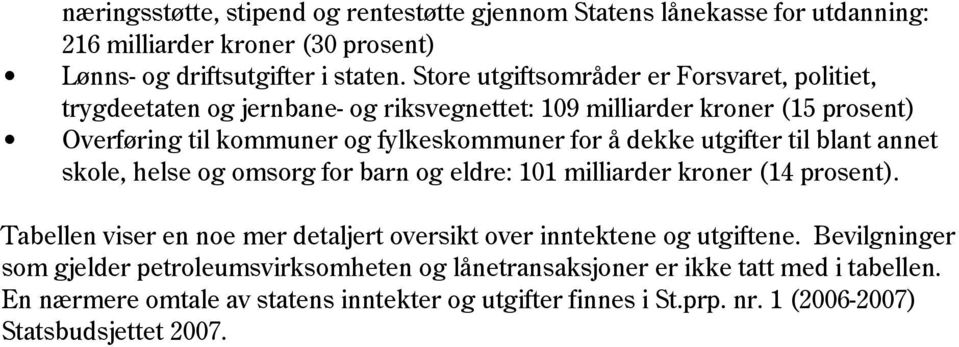 utgifter til blant annet skole, helse og omsorg for barn og eldre: 101 milliarder kroner (14 prosent). Tabellen viser en noe mer detaljert oversikt over inntektene og utgiftene.