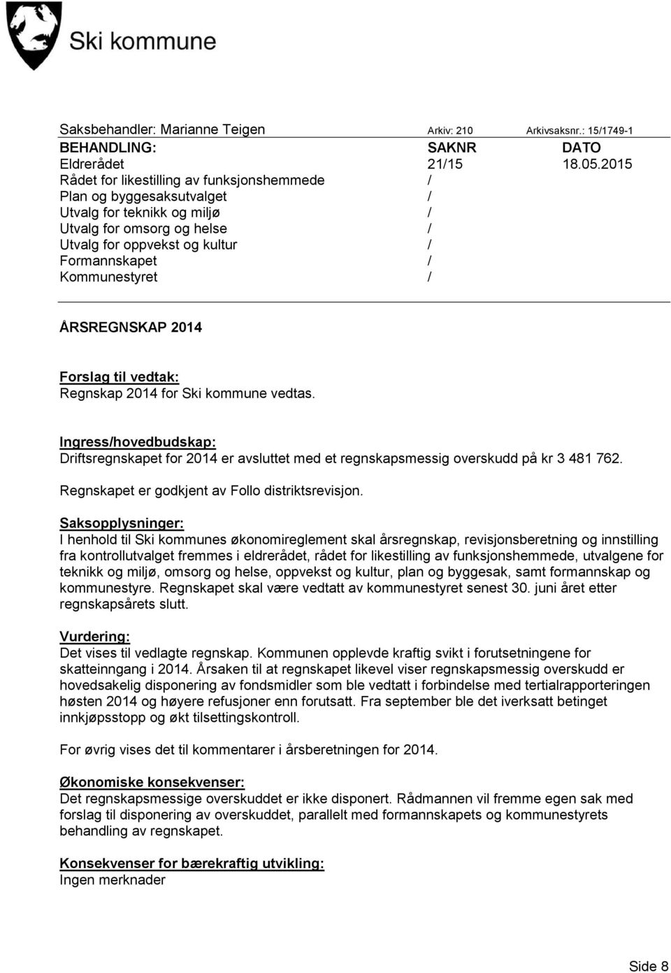 / ÅRSREGNSKAP 2014 Forslag til vedtak: Regnskap 2014 for Ski kommune vedtas. Ingress/hovedbudskap: Driftsregnskapet for 2014 er avsluttet med et regnskapsmessig overskudd på kr 3 481 762.