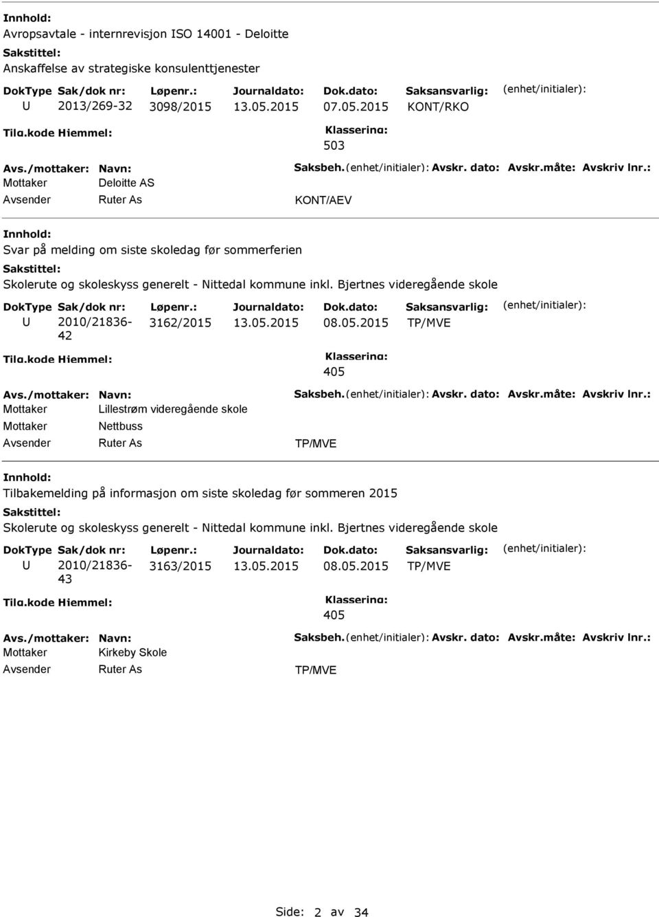 Bjertnes videregående skole Sak/dok nr: 2010/21836-42 Løpenr.: 3162/2015 08.05.2015 TP/MVE 405 Avs./mottaker: Navn: Saksbeh. Avskr. dato: Avskr.måte: Avskriv lnr.