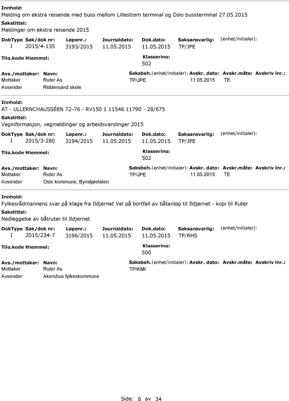 : TE Avsender Riddersand skole nnhold: AT - LLERNCHASSÉEN 72-76 - RV150 1 11546 11790-28/675 2015/3-280 3194/2015 Avs./mottaker: Navn: Saksbeh.