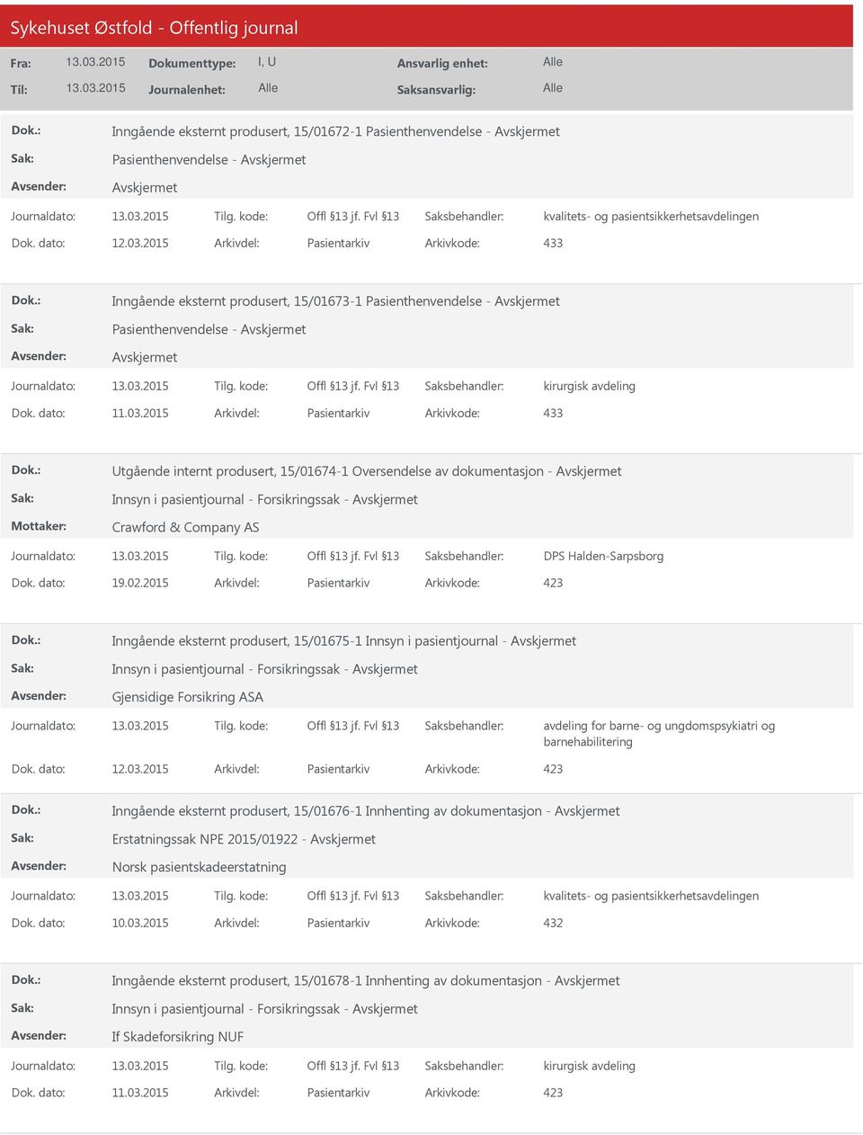 2015 Arkivdel: Pasientarkiv Arkivkode: 433 Utgående internt produsert, 15/01674-1 Oversendelse av dokumentasjon - Innsyn i pasientjournal - Forsikringssak - Crawford & Company AS DPS Halden-Sarpsborg