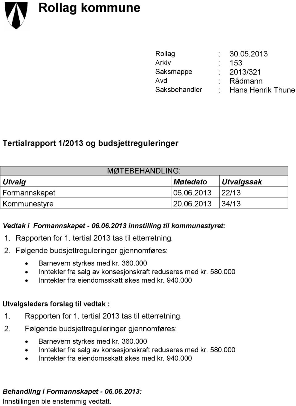 06.2013 22/13 Kommunestyre 20.06.2013 34/13 Vedtak i Formannskapet - 06.06.2013 innstilling til kommunestyret: 1. Rapporten for 1. tertial 2013 tas til etterretning. 2. Følgende budsjettreguleringer gjennomføres: Barnevern styrkes med kr.