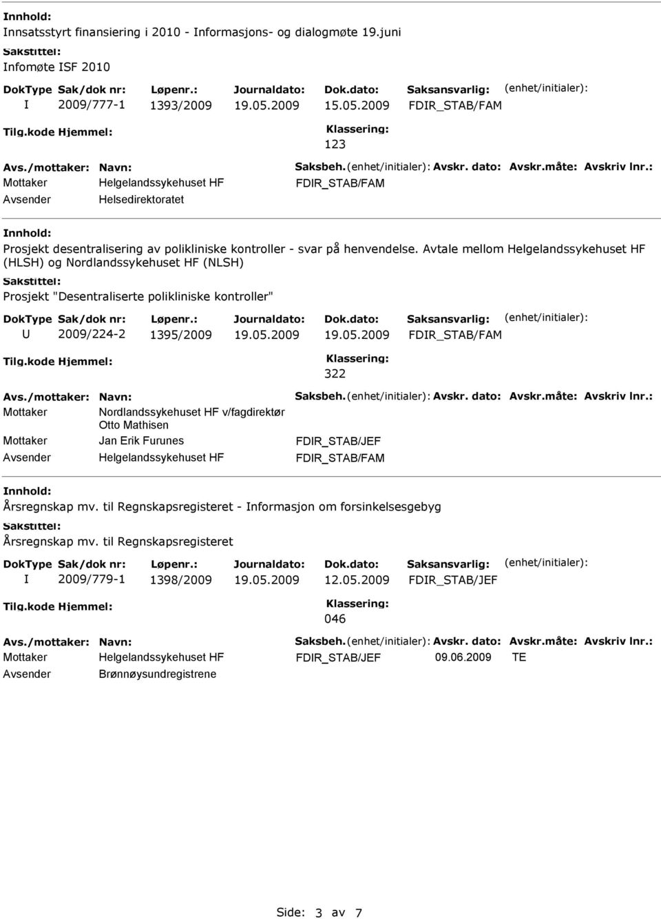 Avtale mellom (HLSH) og Nordlandssykehuset HF (NLSH) Prosjekt "Desentraliserte polikliniske kontroller" 2009/224-2 1395/2009 FDR_STAB/FAM 322 Mottaker Nordlandssykehuset HF