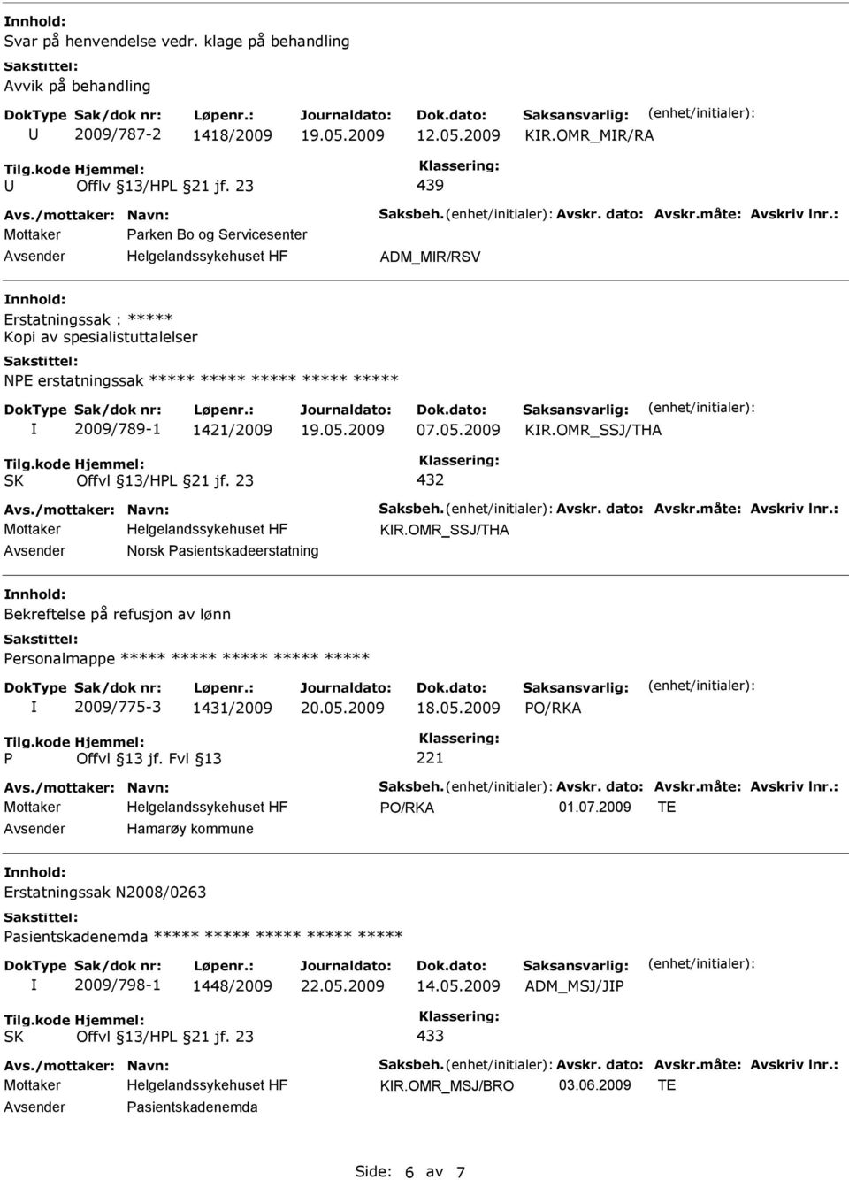 OMR_SSJ/THA 432 KR.OMR_SSJ/THA Norsk Pasientskadeerstatning Bekreftelse på refusjon av lønn Personalmappe 2009/775-3 1431/2009 20.05.2009 PO/RKA P Offvl 13 jf.