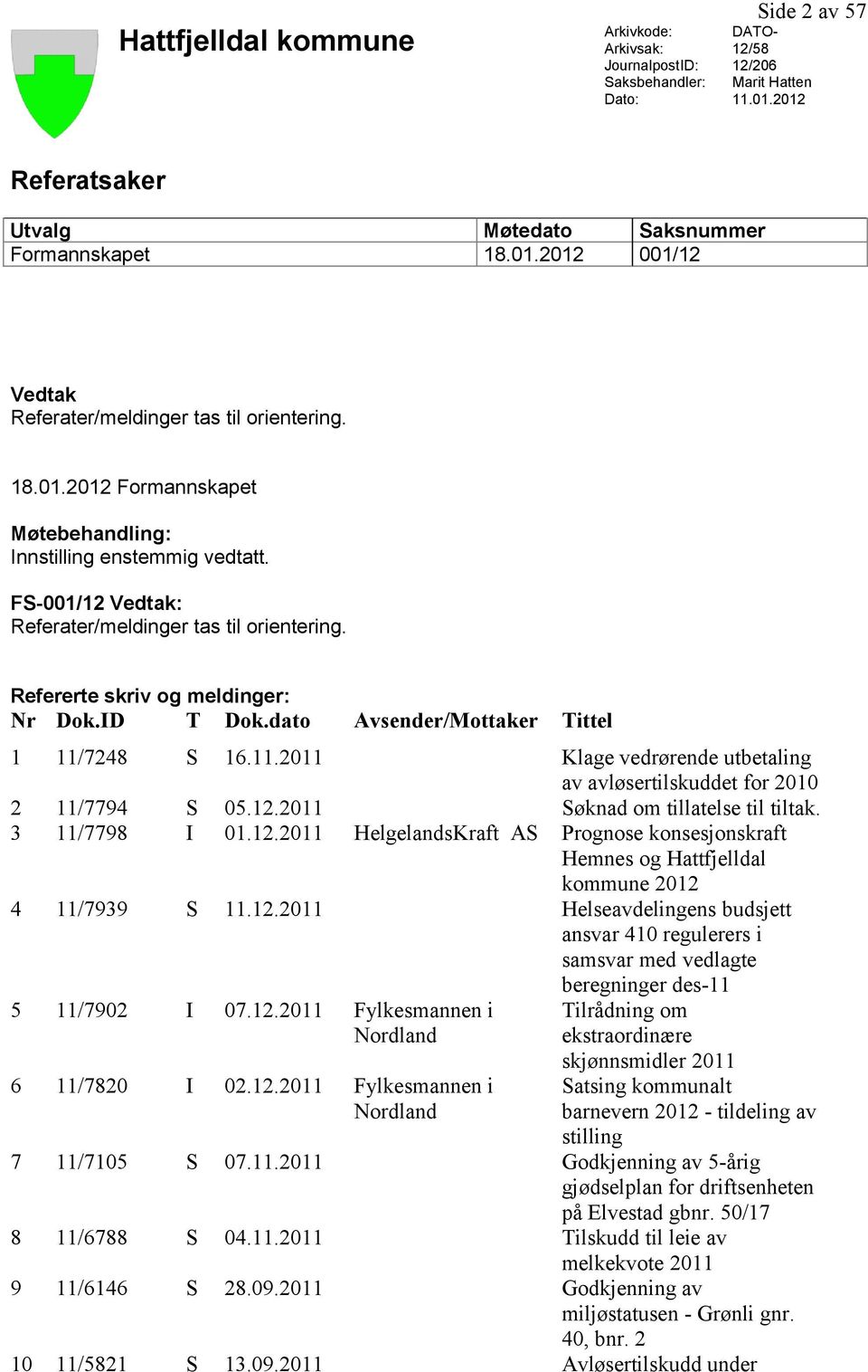 dato Avsender/Mottaker Tittel 1 11/7248 S 16.11.2011 Klage vedrørende utbetaling av avløsertilskuddet for 2010 2 11/7794 S 05.12.