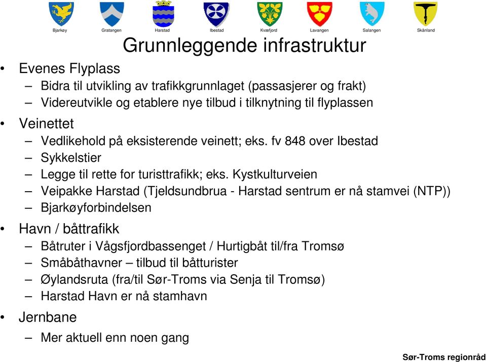 Kystkulturveien Veipakke (Tjeldsundbrua - sentrum er nå stamvei (NTP)) Bjarkøyforbindelsen Havn / båttrafikk Båtruter i Vågsfjordbassenget /