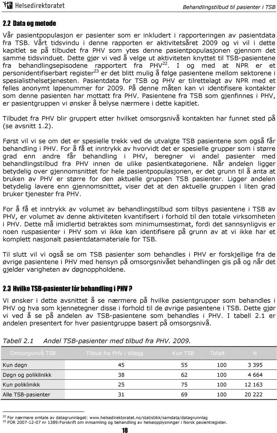 Dette gjør vi ved å velge ut aktiviteten knyttet til TSB-pasientene fra behandlingsepisodene rapportert fra PHV 22.