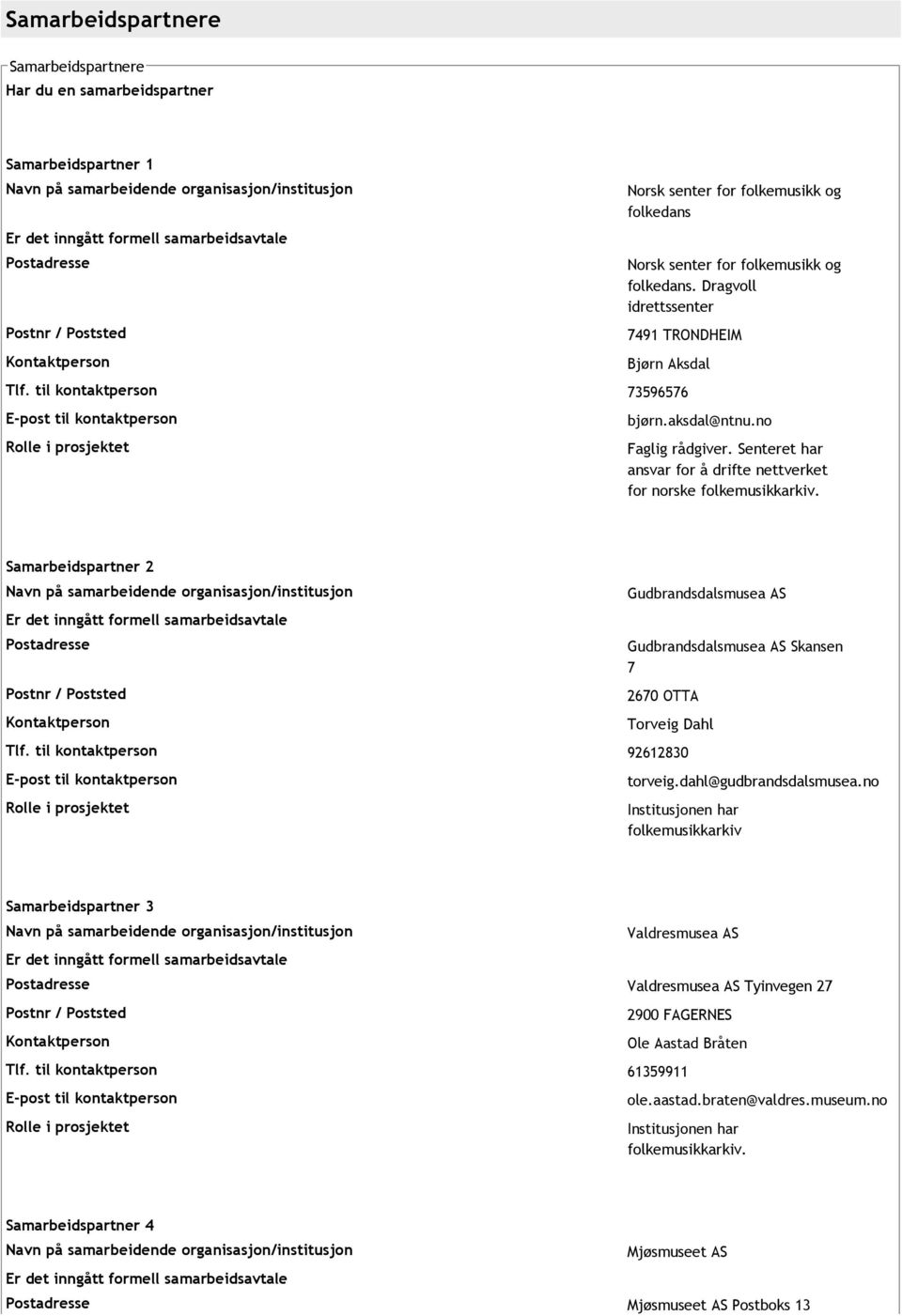 Samarbeidspartner 2 Postadresse Gudbrandsdalsmusea AS Gudbrandsdalsmusea AS Skansen 7 2670 OTTA Torveig Dahl Tlf. til kontaktperson 92612830 torveig.dahl@gudbrandsdalsmusea.