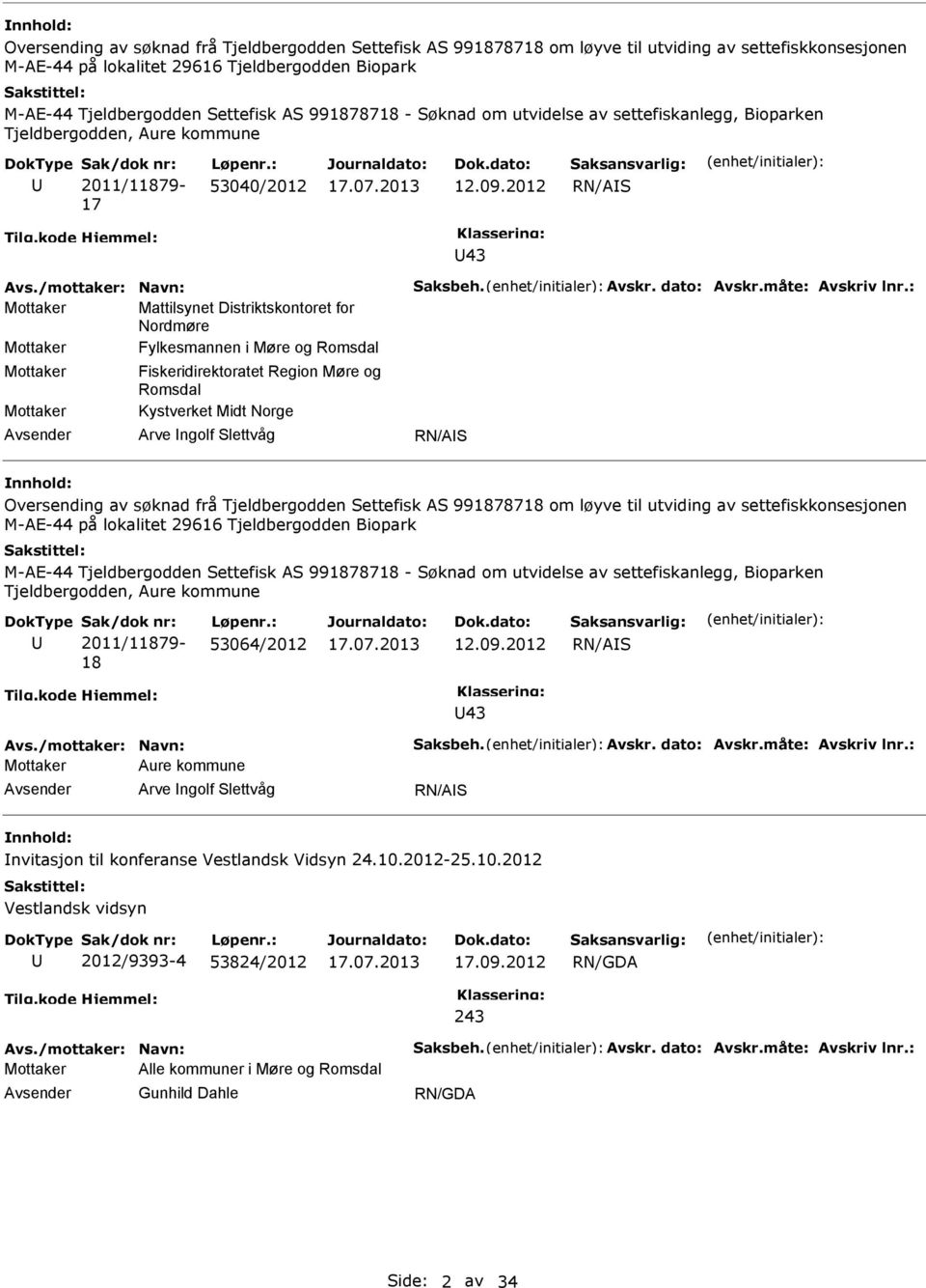 2012 RN/AS 43 Mottaker Mattilsynet Distriktskontoret for Nordmøre Mottaker Fylkesmannen i Møre og Romsdal Mottaker Mottaker Fiskeridirektoratet Region Møre og Romsdal Kystverket Midt Norge Arve ngolf