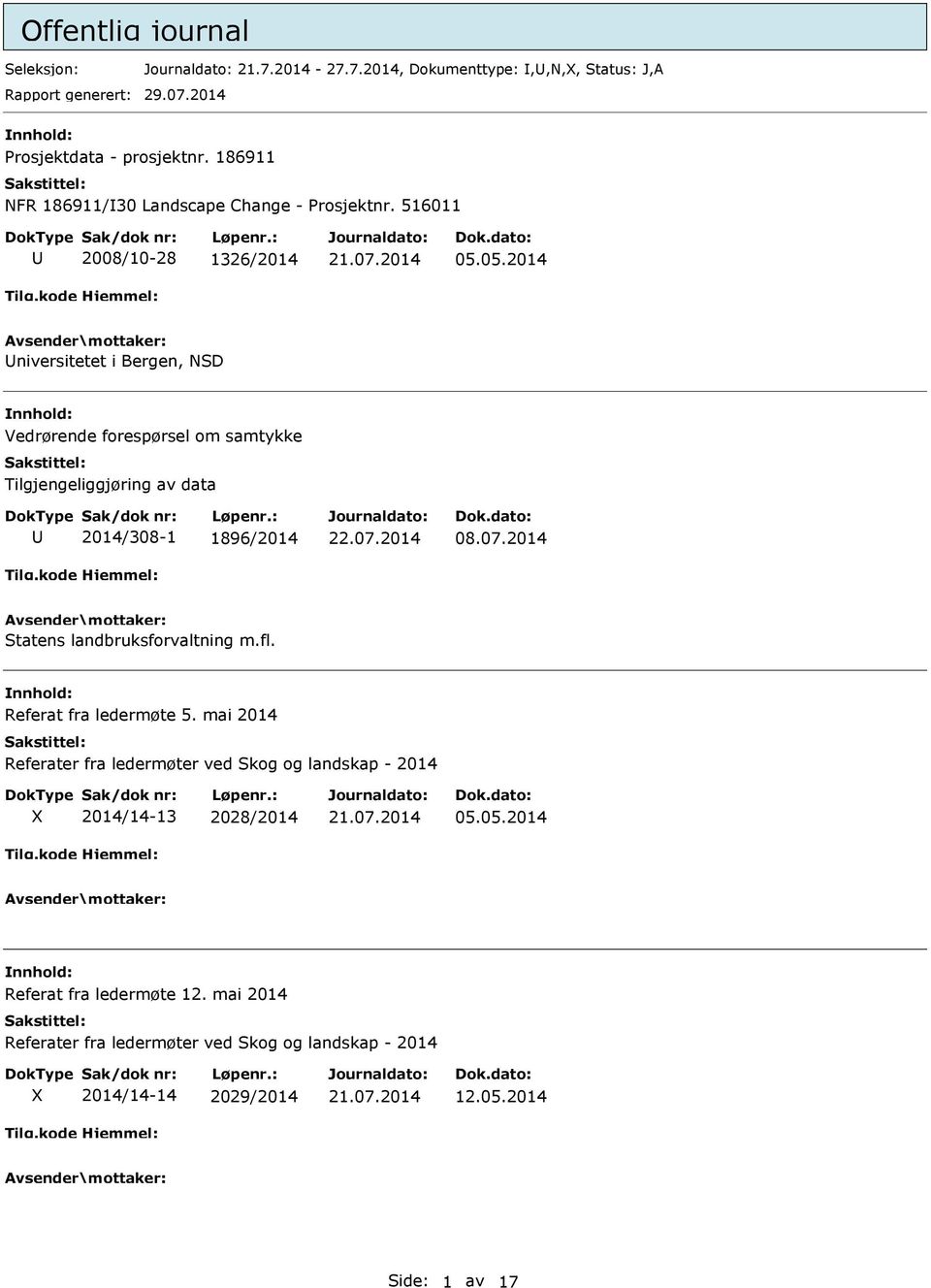 05.2014 niversitetet i Bergen, NSD Vedrørende forespørsel om samtykke Tilgjengeliggjøring av data 2014/308-1 1896/2014 08.07.2014 Statens landbruksforvaltning m.