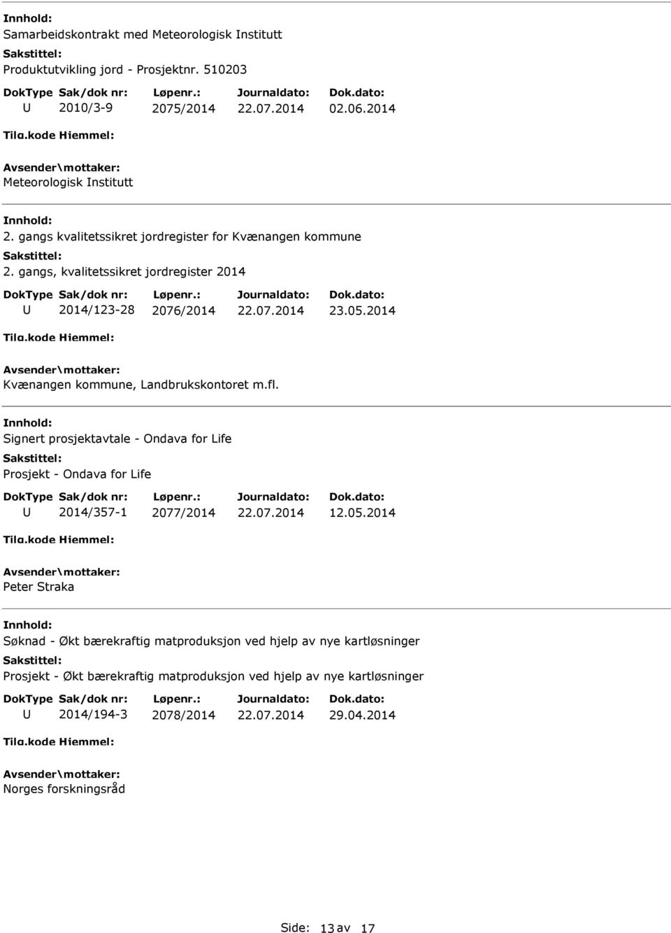 2014 Kvænangen kommune, Landbrukskontoret m.fl. Signert prosjektavtale - Ondava for Life Prosjekt - Ondava for Life 2014/357-1 2077/2014 12.05.