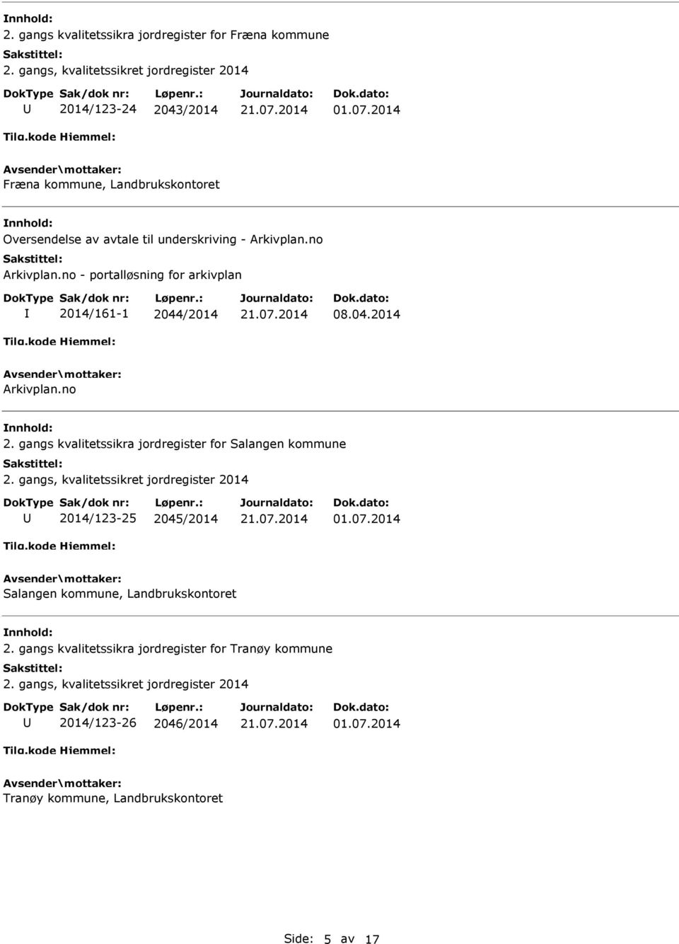 /2014 08.04.2014 Arkivplan.no 2. gangs kvalitetssikra jordregister for Salangen kommune 2. gangs, kvalitetssikret jordregister 2014 2014/123-25 2045/2014 01.07.