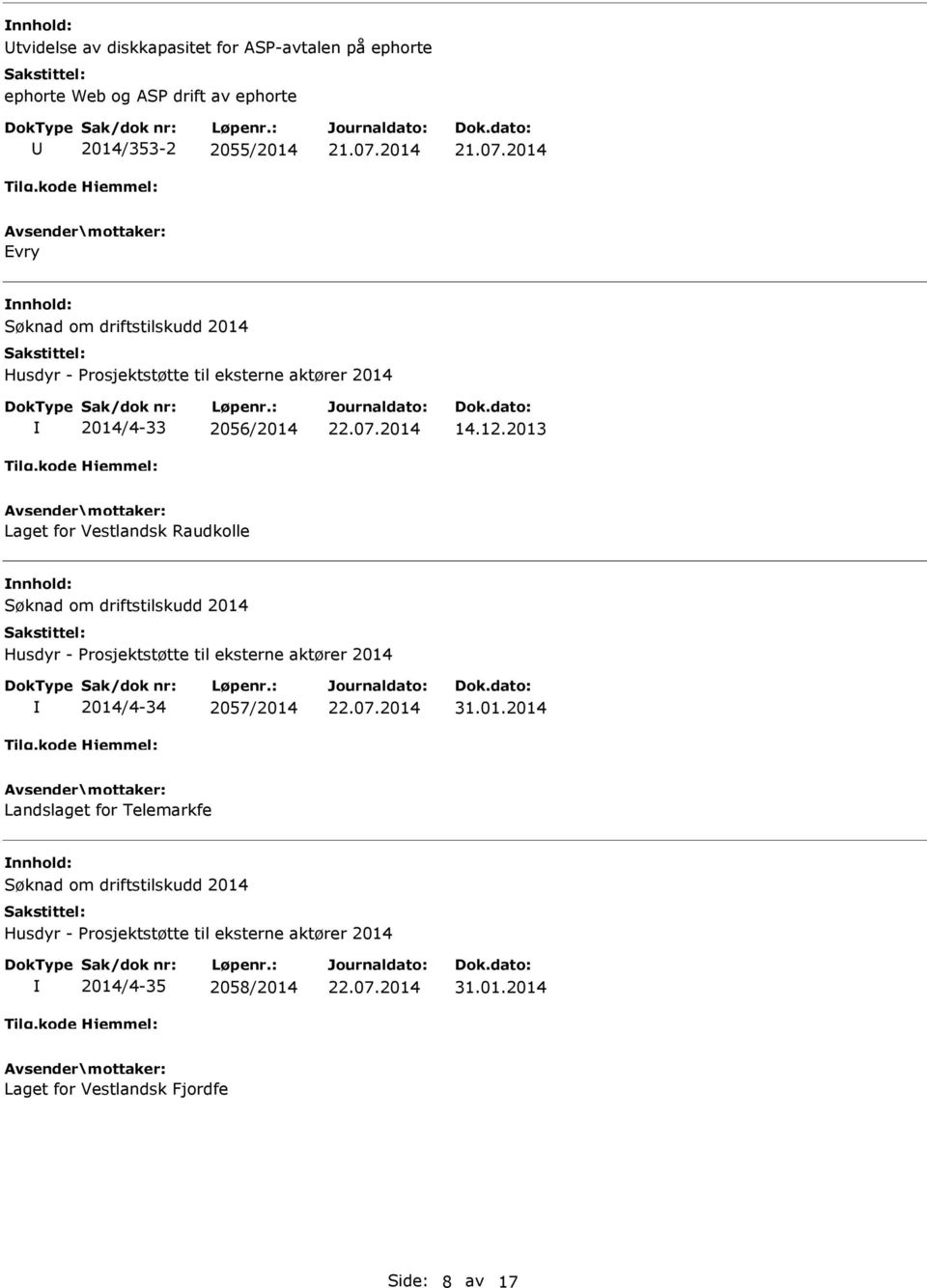 2013 Laget for Vestlandsk Raudkolle Søknad om driftstilskudd 2014 Husdyr - Prosjektstøtte til eksterne aktører 2014 2014/4-34 2057/2014