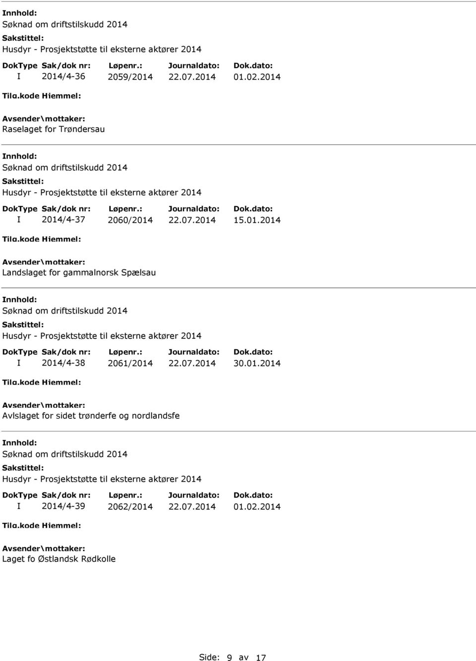 01.2014 Avlslaget for sidet trønderfe og nordlandsfe Søknad om driftstilskudd 2014 Husdyr - Prosjektstøtte til eksterne aktører 2014 2014/4-39