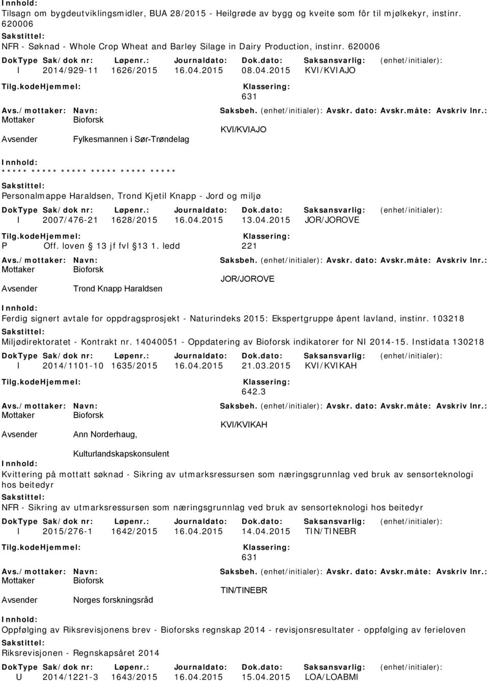 2015 08.04.2015 KVI/KVIAJO KVI/KVIAJO Avsender Fylkesmannen i Sør-Trøndelag ***** ***** ***** ***** ***** ***** Personalmappe Haraldsen, Trond Kjetil Knapp - Jord og miljø I 2007/476-21 1628/2015 16.